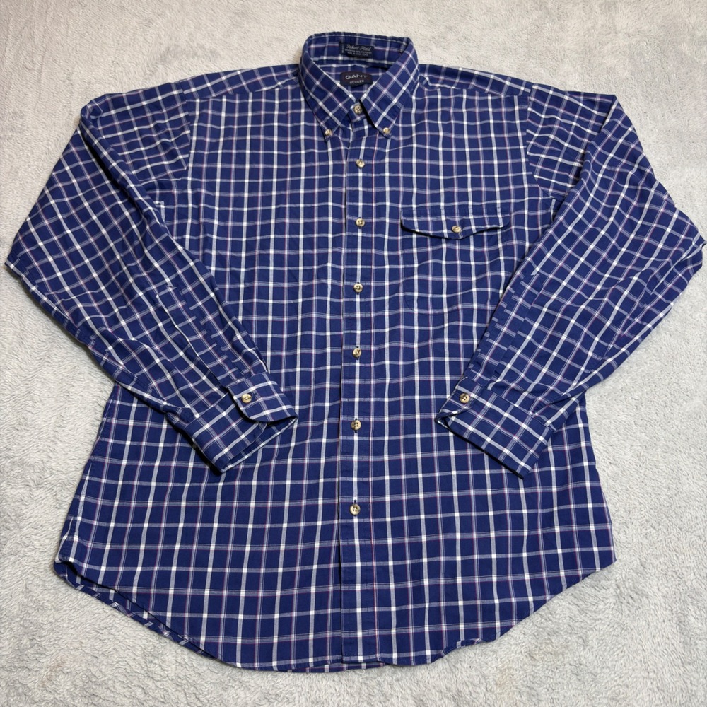 Gant Button Down Shirt Men's Large Blue Foxhunt Plaid Hugger Long Sleeve Pocket